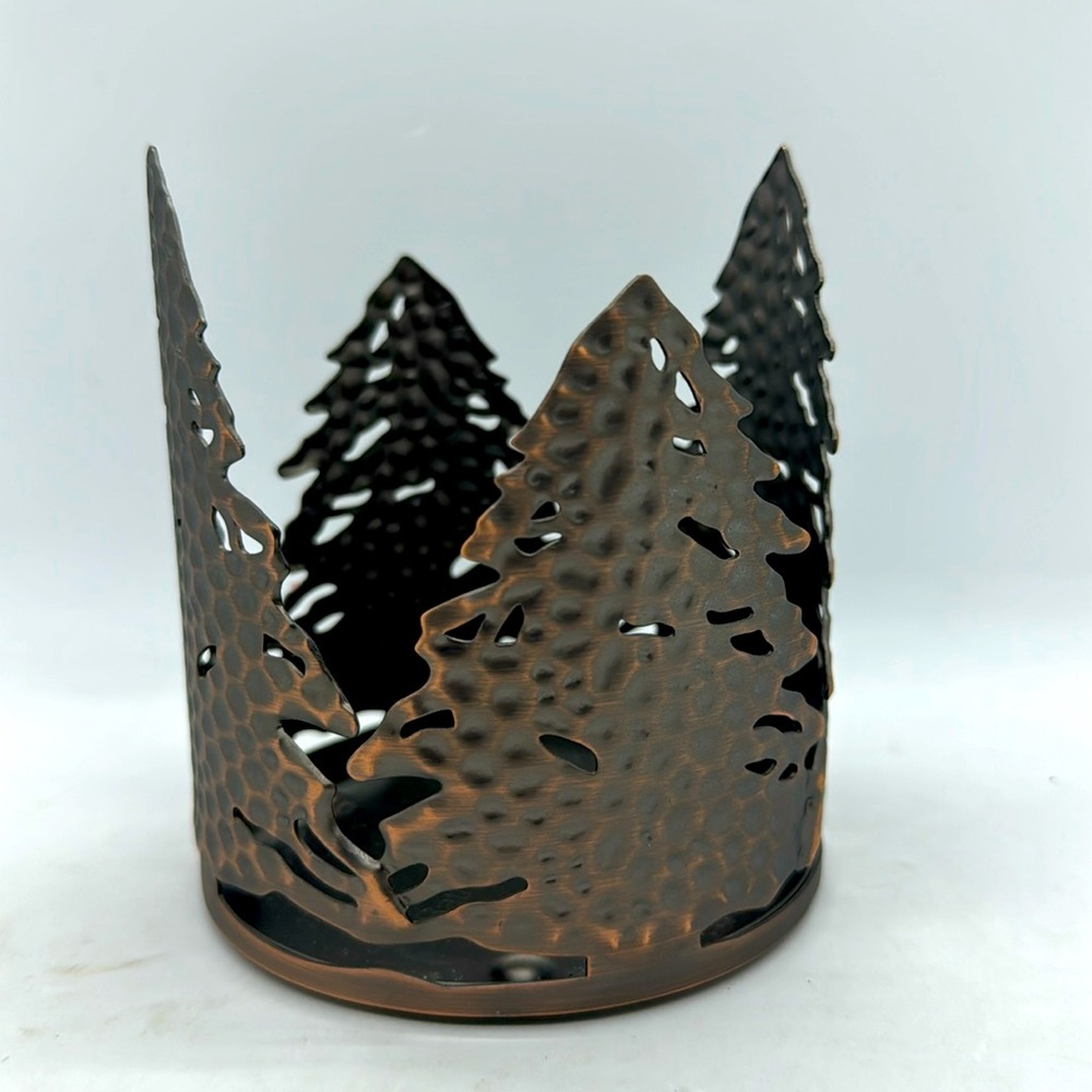Bath & Body Works 3 Wick Candle Holder Sleeve Evergreen Trees Bronze